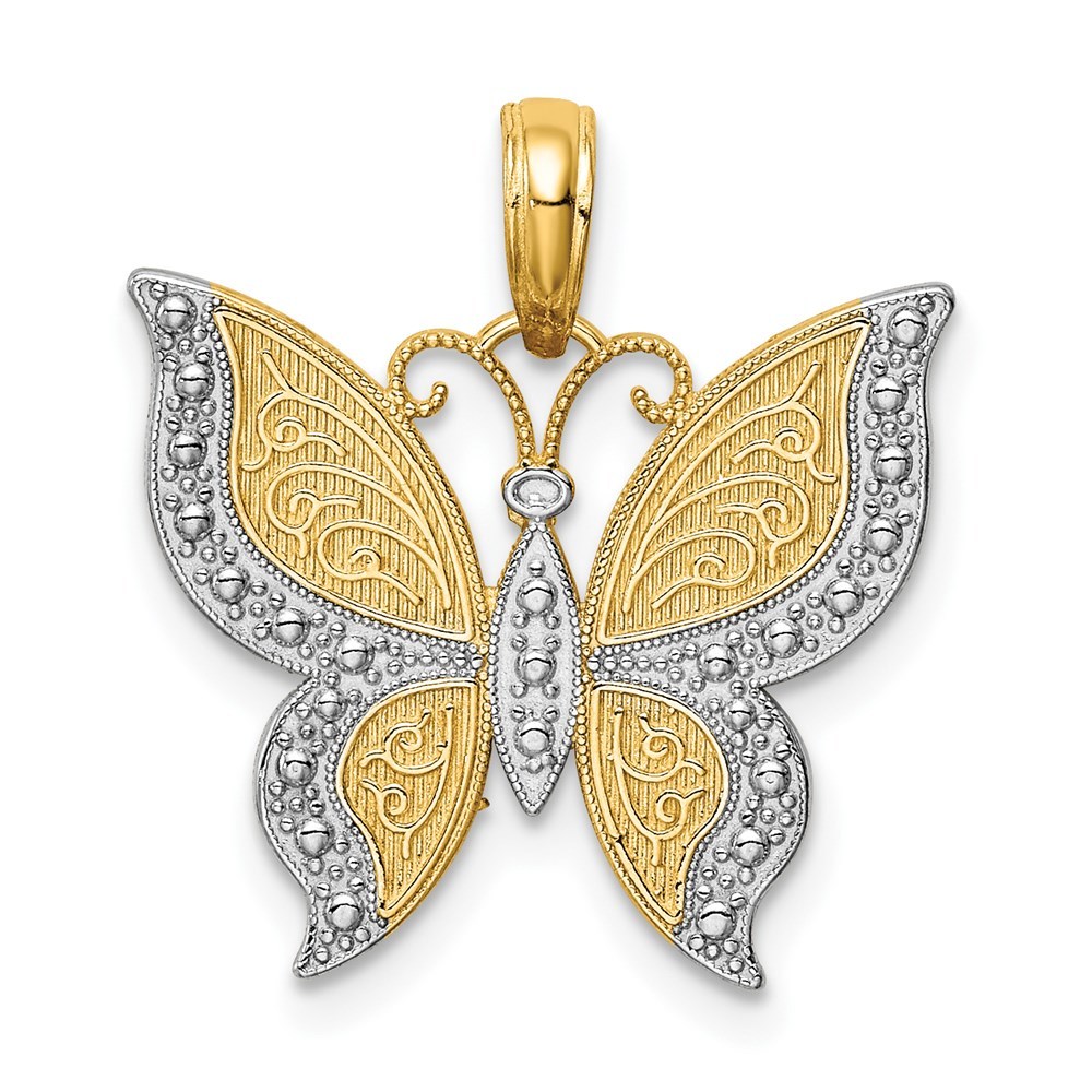14k Yellow Genuine Gold with Rhodium Butterfly Necklace Charm Pendant